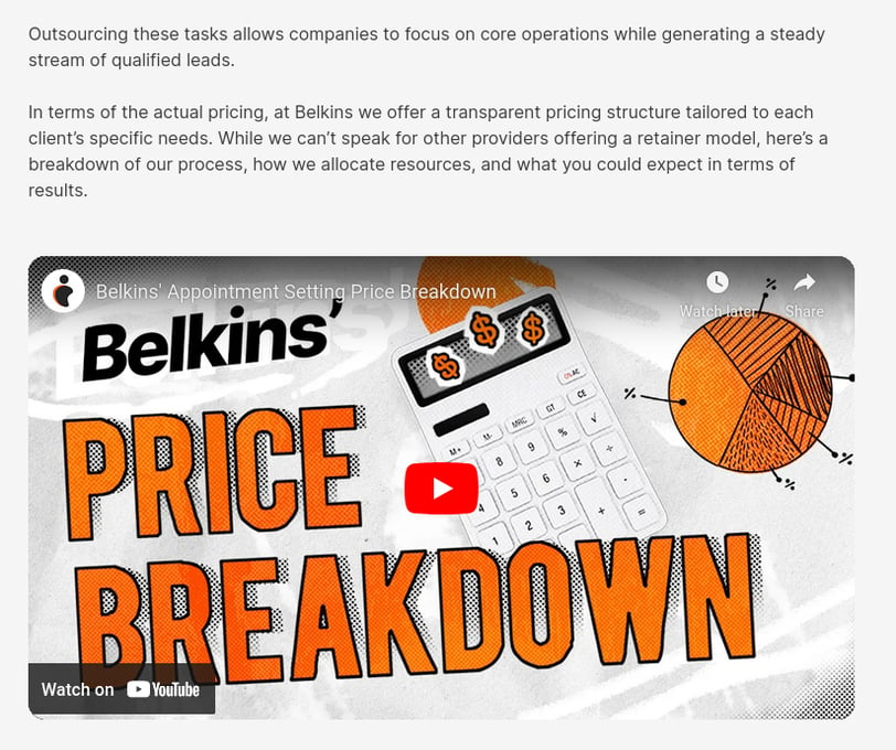 Screenshot of YouTube video embedded in the article, B2B Appointment Setting Costs & Pricing Models 