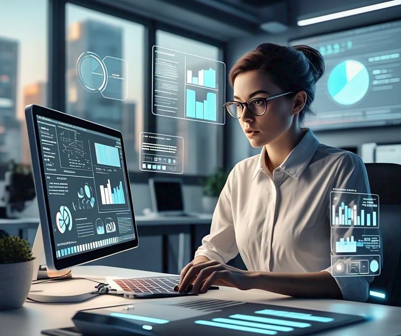A futuristic digital workspace in 2025 featuring a laptop with SEO analytics, AI tools, and a digital assistant guiding a use
