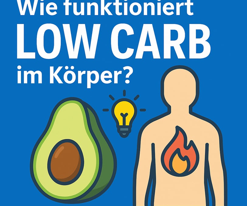 Low Carb Wirkung im Körper – anschauliche Grafik mit Avocado, Flamme und Glühbirne.