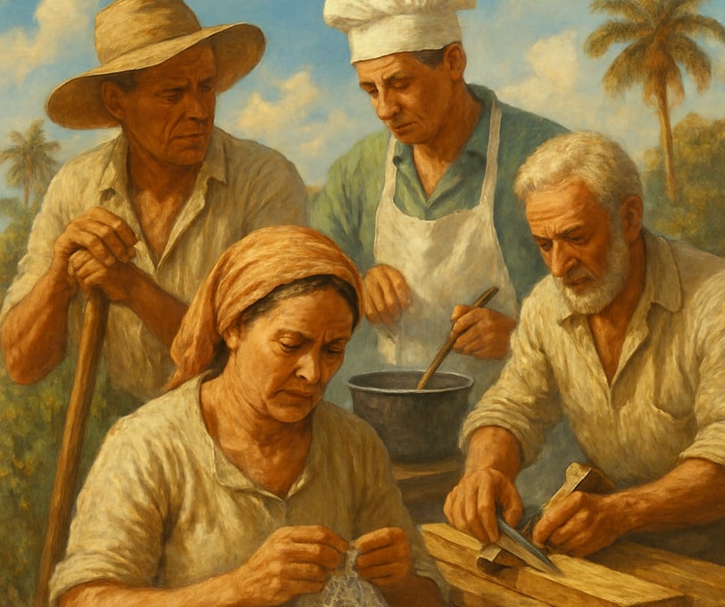 Trabalhadores brasileiros exercendo ofícios tradicionais: agricultor cozinheiro, artesã e marceneiro