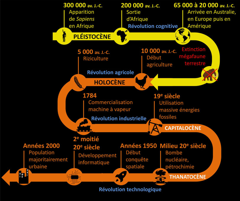 Frise chronologique de l'Anthropocène, depuis la naissance d'Homo sapiens à aujourd'hui