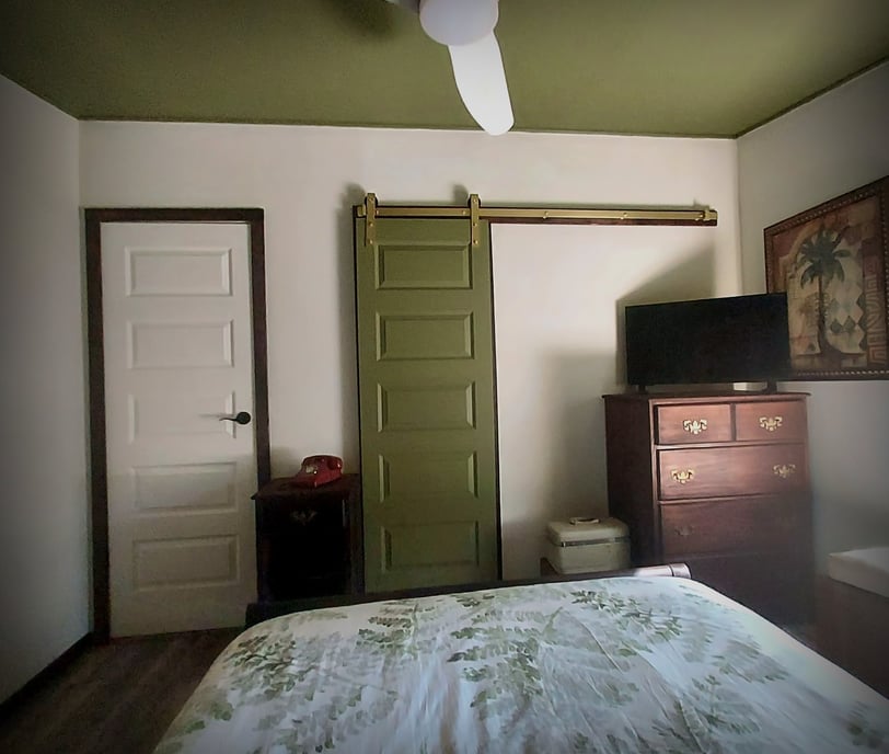 a bedroom with a green door and a green door