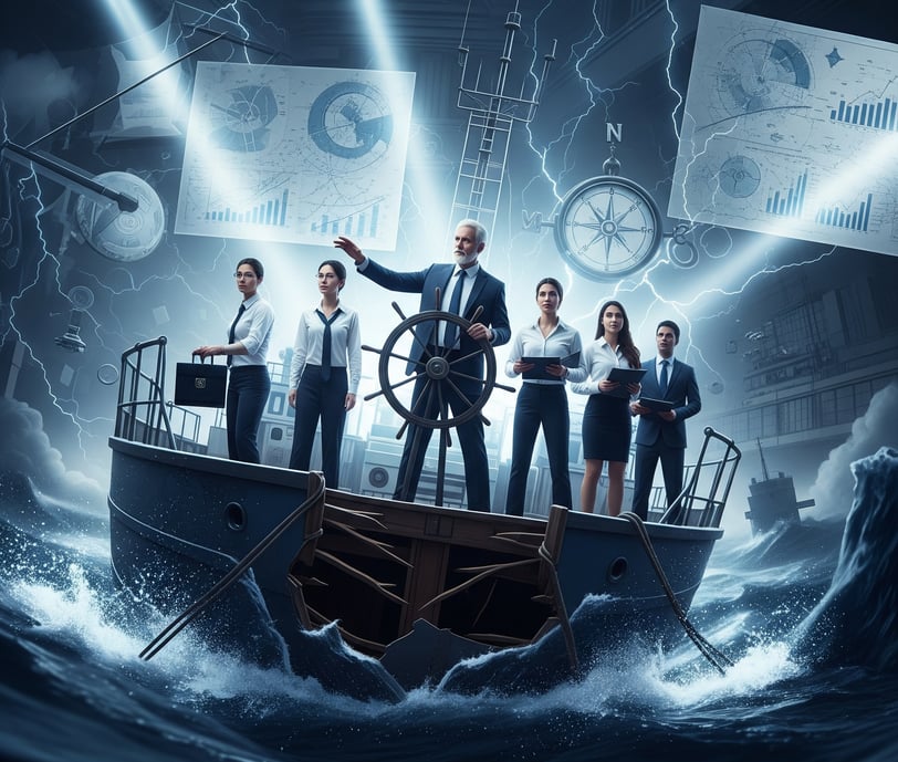 a group of business people standing on a boat in the ocean