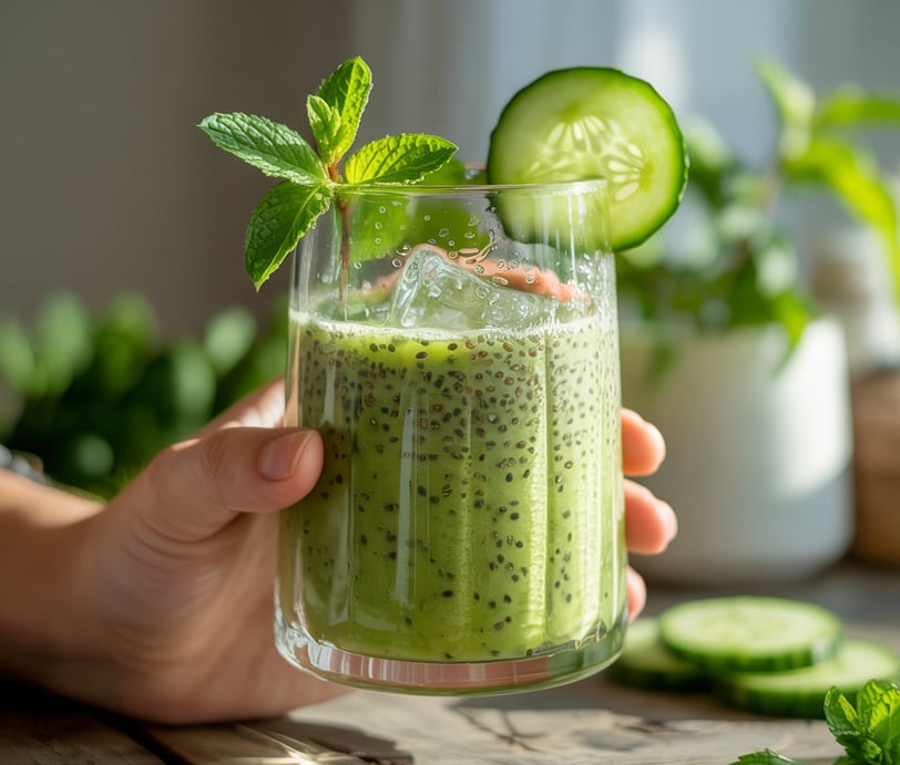 Green matcha chia smoothie served in a glass with ice, garnished with a cucumber slice and mint