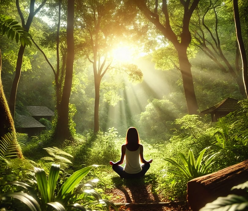 A serene scene of a person meditating in nature, surrounded by greenery and soft sunlight, symbolizi