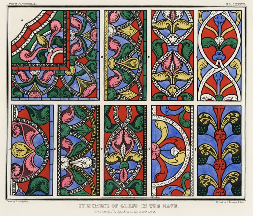 Panels of stained glass designs featuring bold colours and flower motifs.