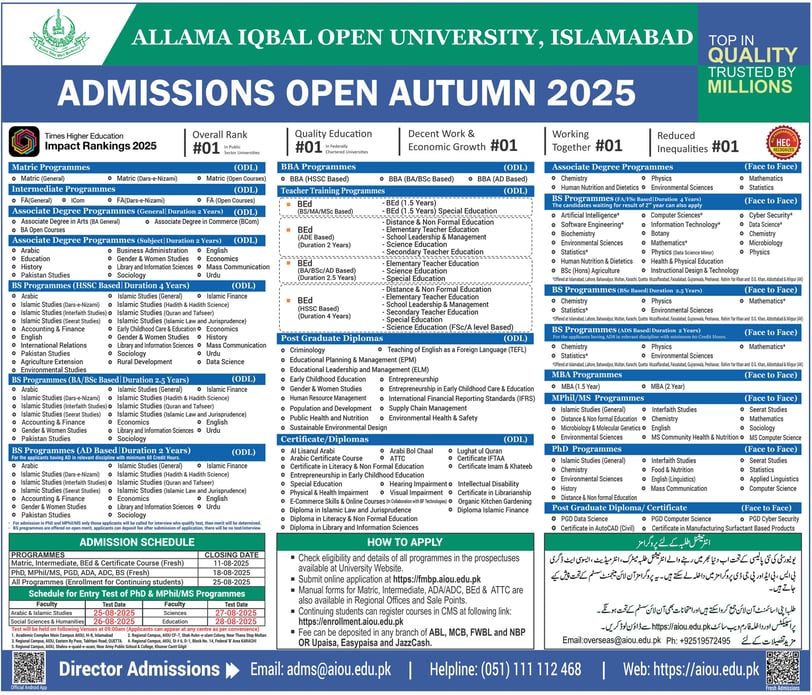aiou admission 2025 autumn online apply all programs