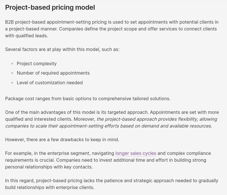 Screenshot showing thorough understanding of project-based pricing in the article, B2B Appointment S