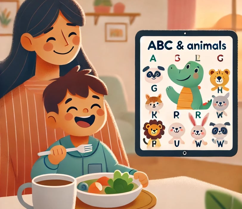 toddler happily eating with video auto-switching