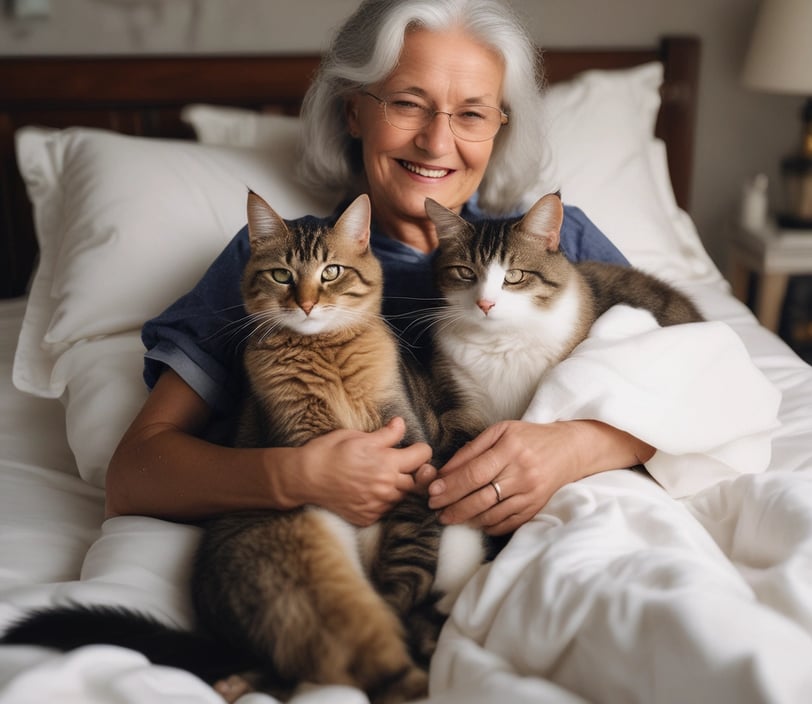 woman in white long sleeve shirt sitting on bed beside brown dog