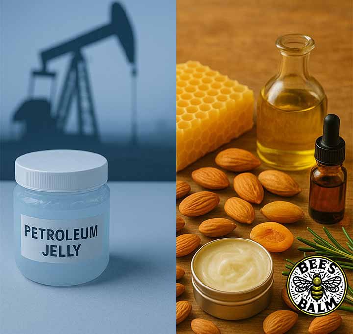 Split-image comparison showing a clinical blue-tinted jar of petroleum jelly vs Natural Bee's Balm