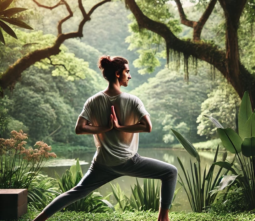 Warrior II pose in a natural setting, reflecting strength and balance.