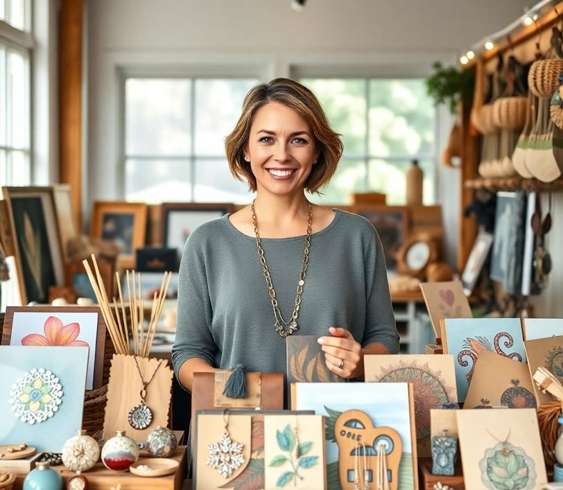 a woman standing in front of a table with a lot of art work