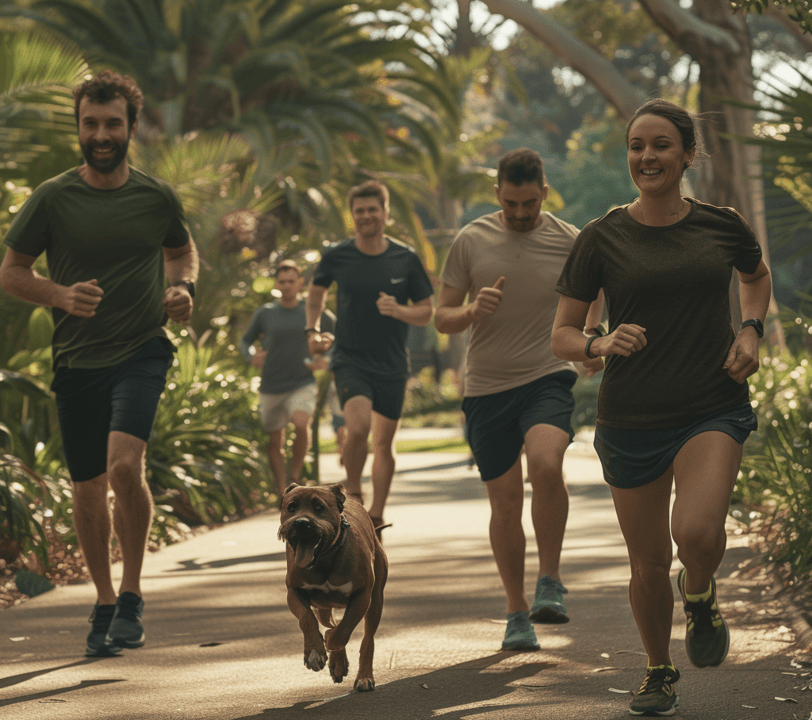 a man and woman running in a park