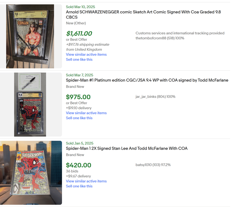 sold comic book signed listing on ebay with coa