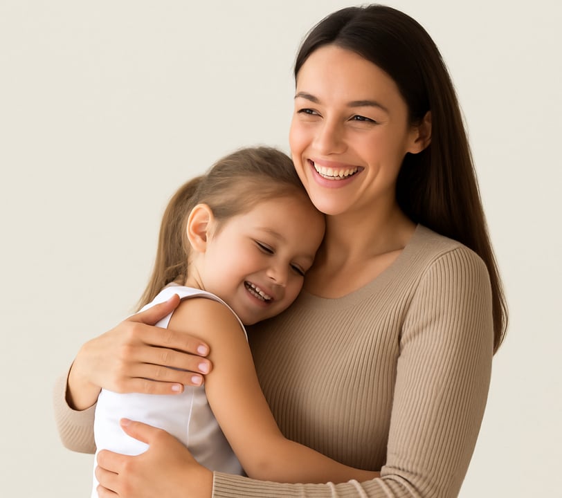 a woman holding a child and smiling