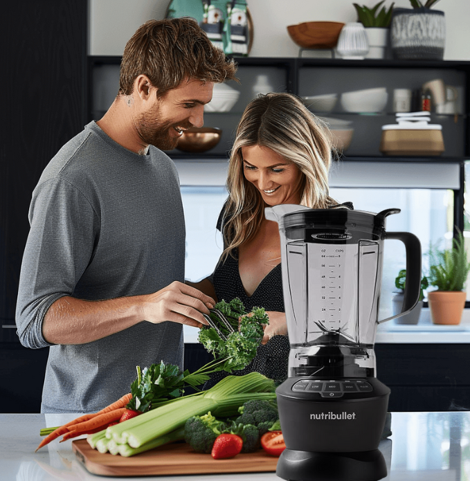 a man and woman standing in a kitchen