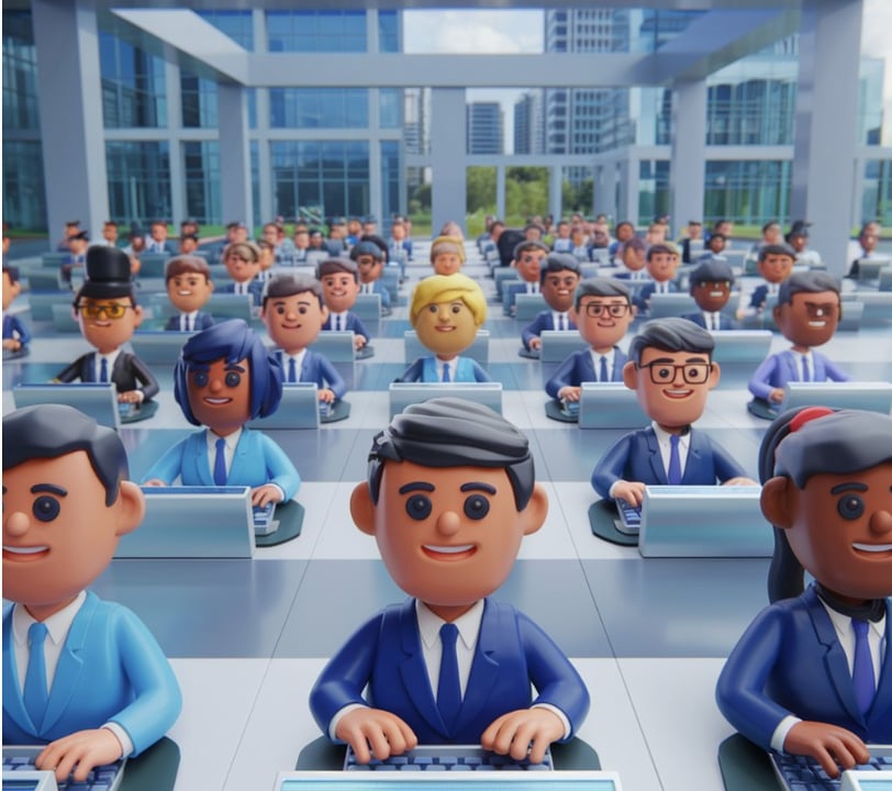 a group of people sitting at desks in a classroom
