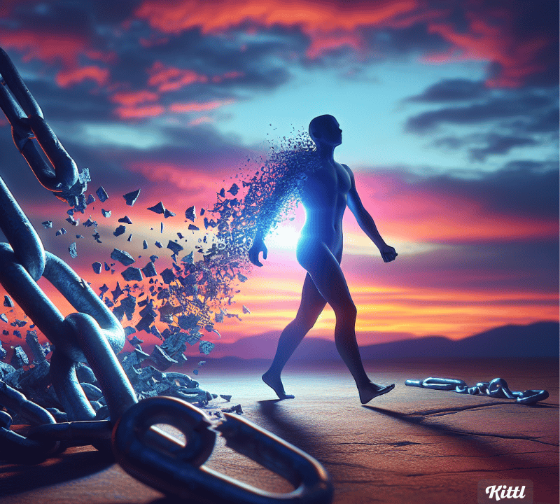 a man walking away from a chain link linkage. "Think Like a Monk: Train Your Mind for Peace and Purp