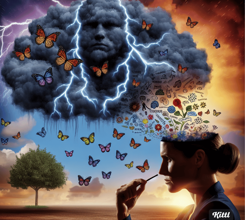 a woman with a cigarette in her hand and a cloud with a lightning bolt. "Think Like a Monk: Train Yo