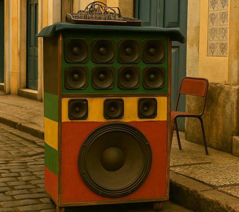 Caixa de som tradicional pintada com as cores do reggae em rua de São Luís