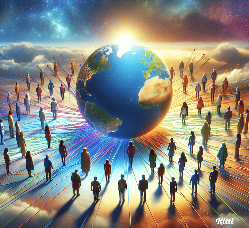 group of people standing around a globe. "Think Like a Monk: Train Your Mind for Peace and Purpose" 