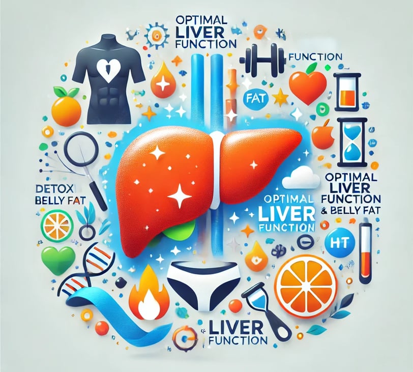 Illustration of a healthy liver, detoxification symbols, and a fit body representing the connection
