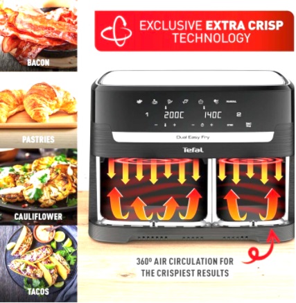 Tefal Easy Fry Dual Zone 8.3L Air Fryer with dual baskets and sleek black & metal design.