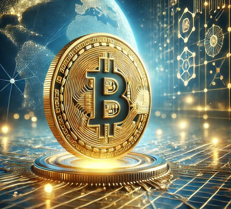 A high-quality digital illustration of a golden Bitcoin coin floating above a futuristic blockchain 