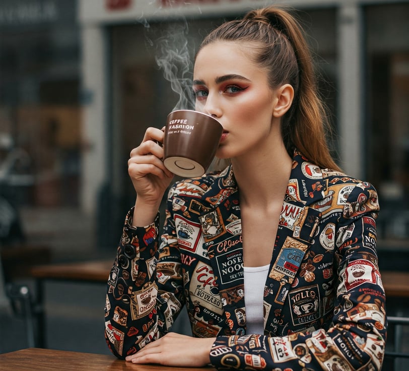 a woman in a jacket and jacket with a cup of coffee