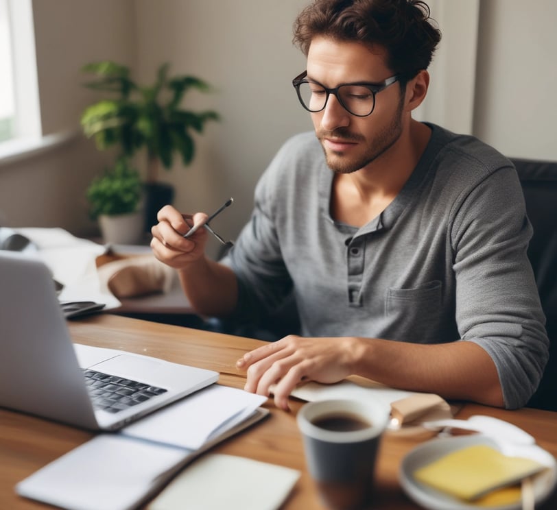um homem sentado em uma mesa com um laptop e uma xícara de café