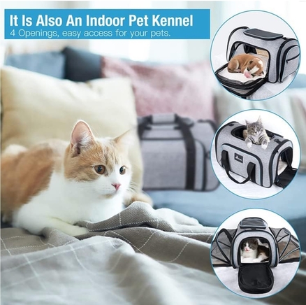 Expandable pet carrier with fleece bed, multi-entry zippers, and travel-friendly design for cats, kittens, and puppies