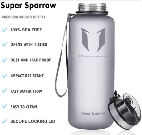 Super Sparrow Sports Water Bottle, showcasing 1.5L capacity, one-click flip top, and BPA-free Tritan material, and perfect