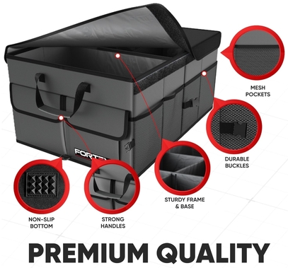 FORTEM Car Boot Organiser with multiple compartments and securing straps.