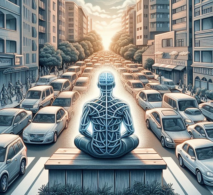 a person sitting on a bench in front of a city street