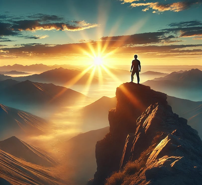 A determined individual standing on the edge of a mountain cliff at sunrise, symbolizing limitless