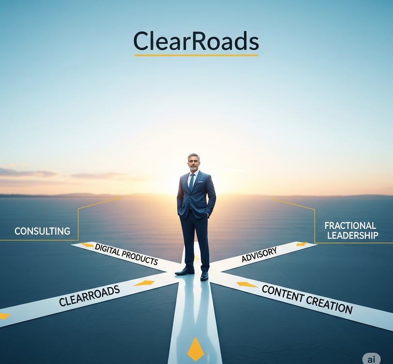 a man in a suit standing on a road with a clear sky
