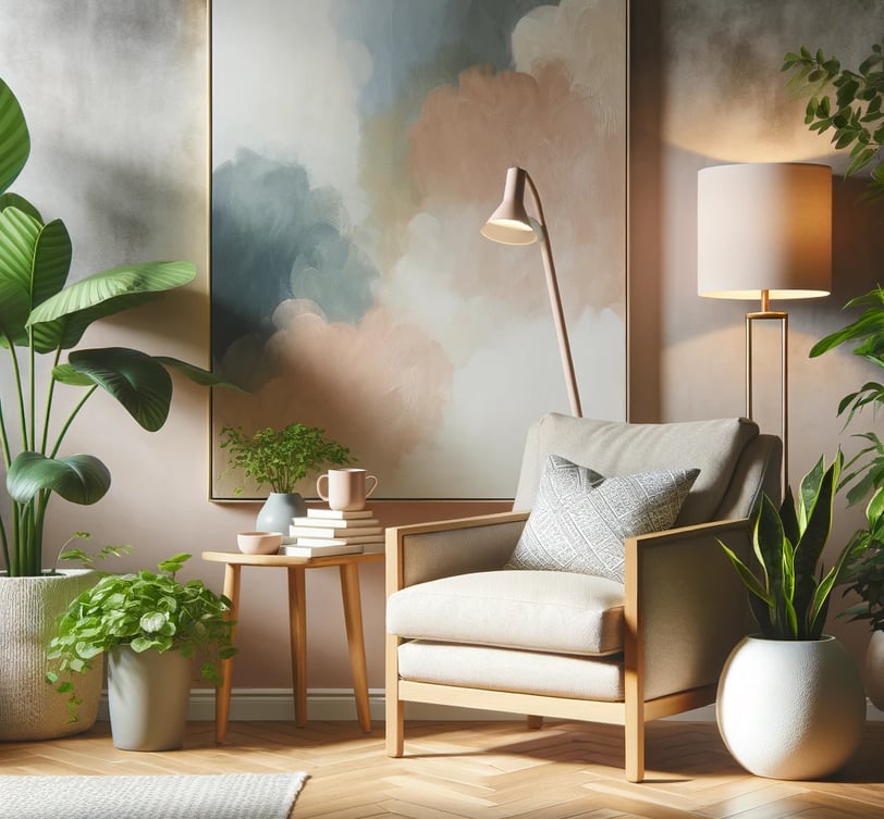 Escritório wellness com móveis ergonômicos e arte abstrata na parede.