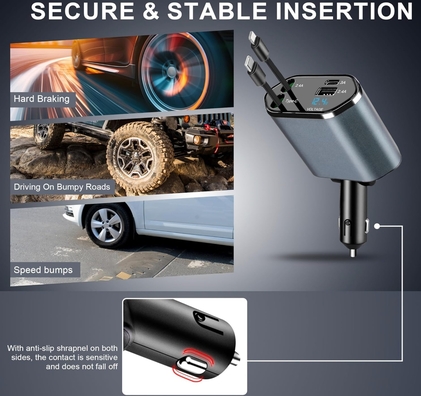 CHARGEWAY 120W Retractable Car Charger with retractable cables and voltage display
