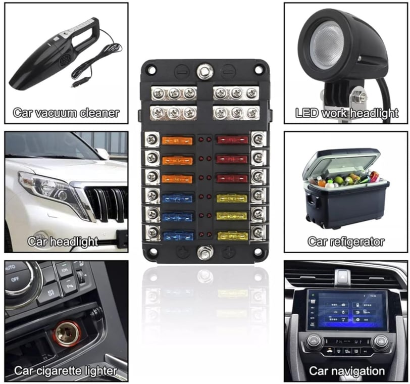 12-Way Blade Fuse Block with Negative Bus installed in a vehicle, showcasing clean wiring and LED indicators.