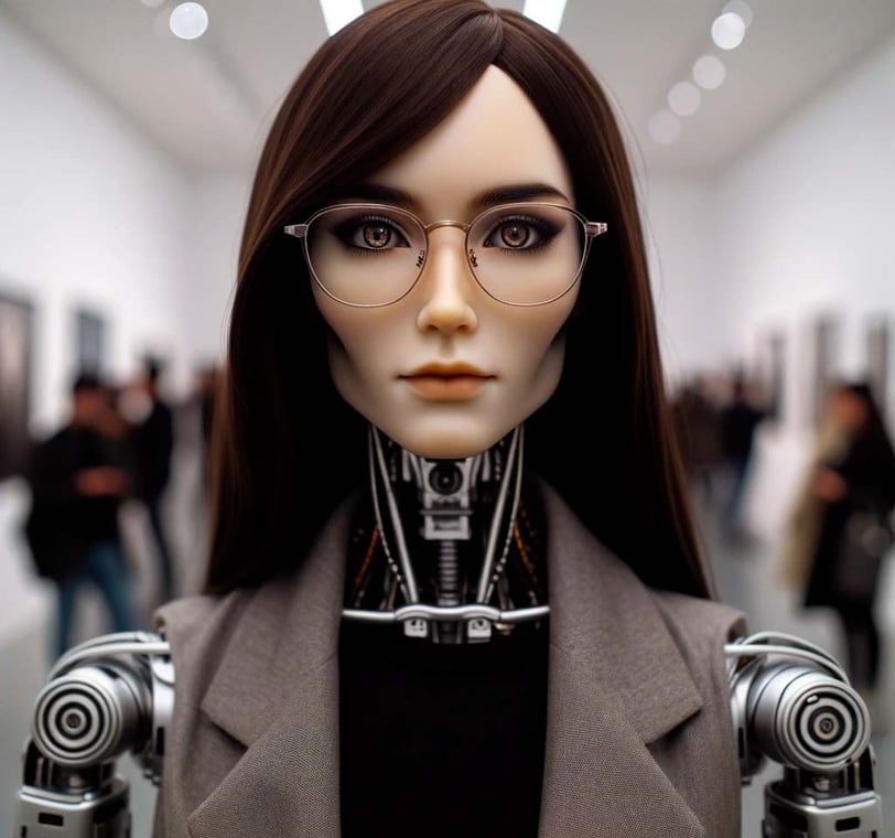 a robot - like art critical robot with glasses and a suit