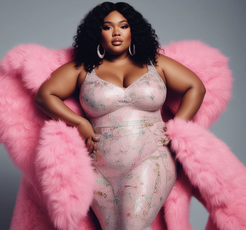 a woman in a pink dress and pink fur coat