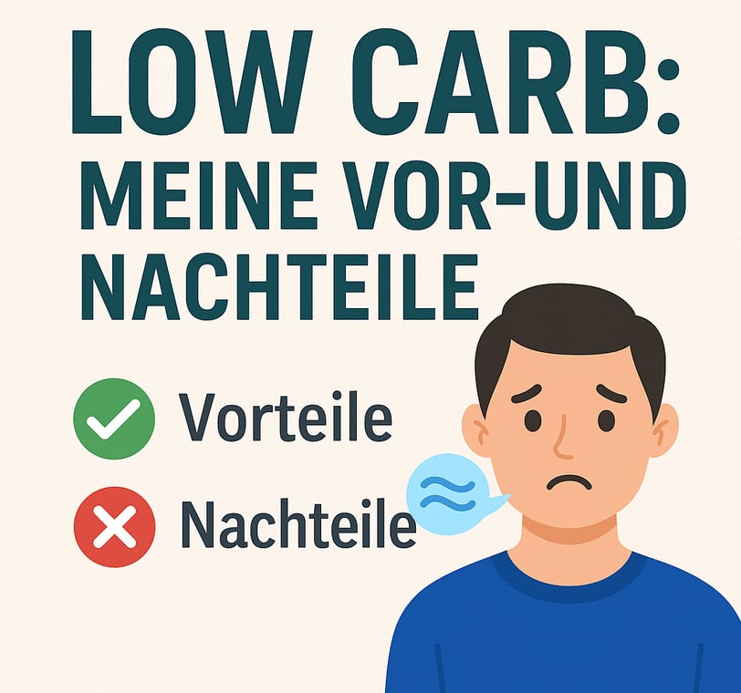 „Low Carb – Meine Vor- und Nachteile“ mit grünem Häkchen, rotem Kreuz und neutraler Figur.