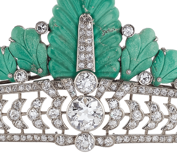 Close-up of turquoise and diamond centrepiece of Nancy Astor’s Cartier tiara.