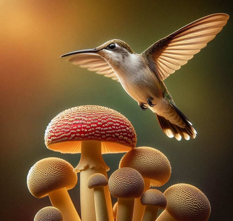 Hummingbird over the Amanitas by Walid Ghali@2025© | 8tik.com