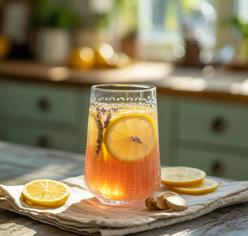 A refreshing glass of homemade healthy lemonade infused with lemon slices,fresh ginger, and lavender
