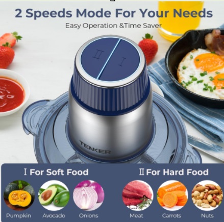 Tenker Food Processor with dual 2L bowls, bi-level blades, and a non-slip pad for effortless meal prep.