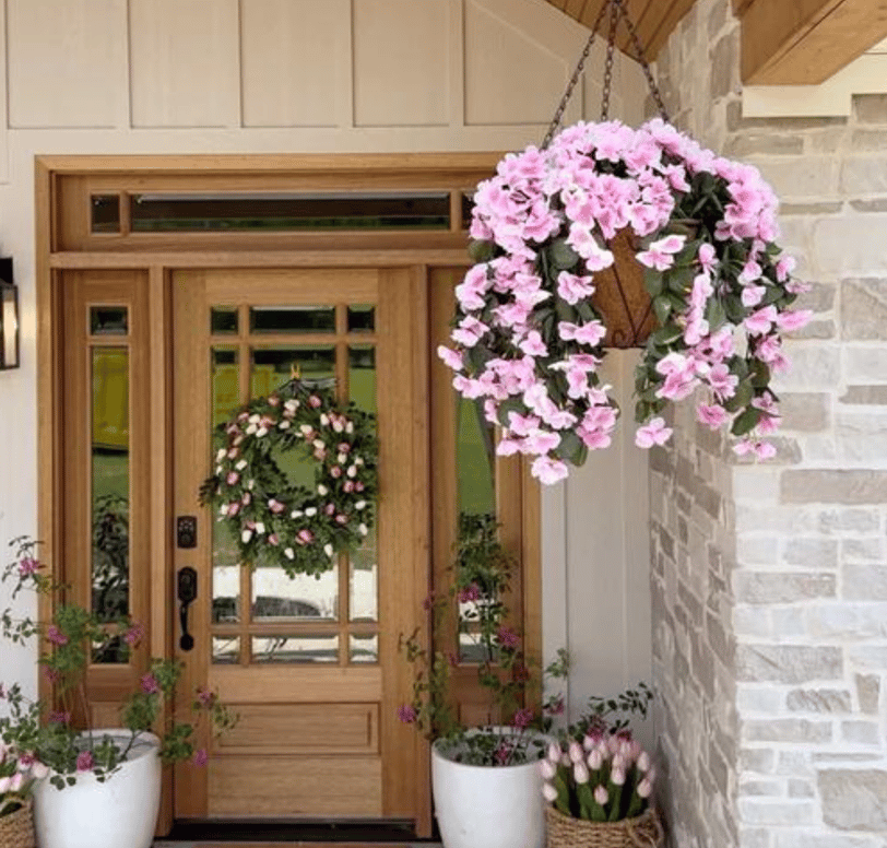 pink artificial flowers hanging, front door decor, spring door decor, front door decor spring 2025