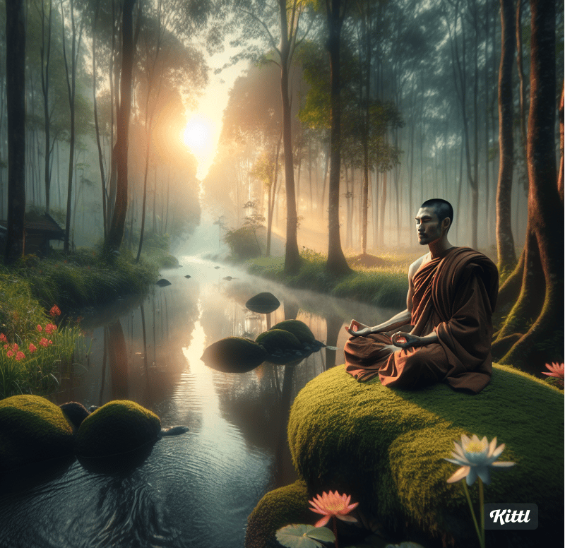 man sitting on a mosself in a forest. "Think Like a Monk: Train Your Mind for Peace and Purpose" by 