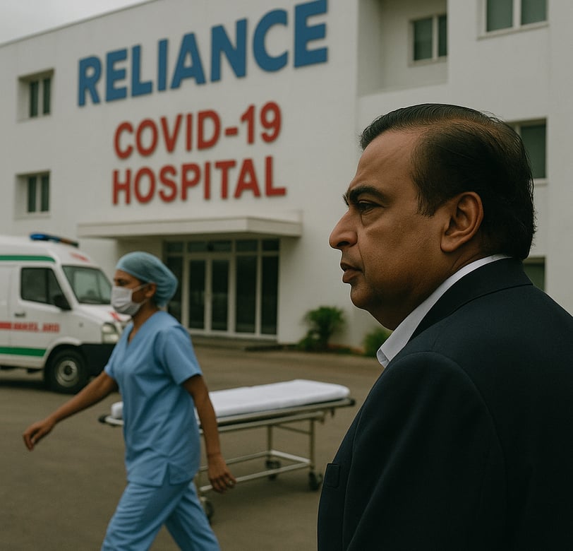 Mukesh Ambani at COVID-19 hospital site with Reliance medical staff and oxygen supply, highlighting 